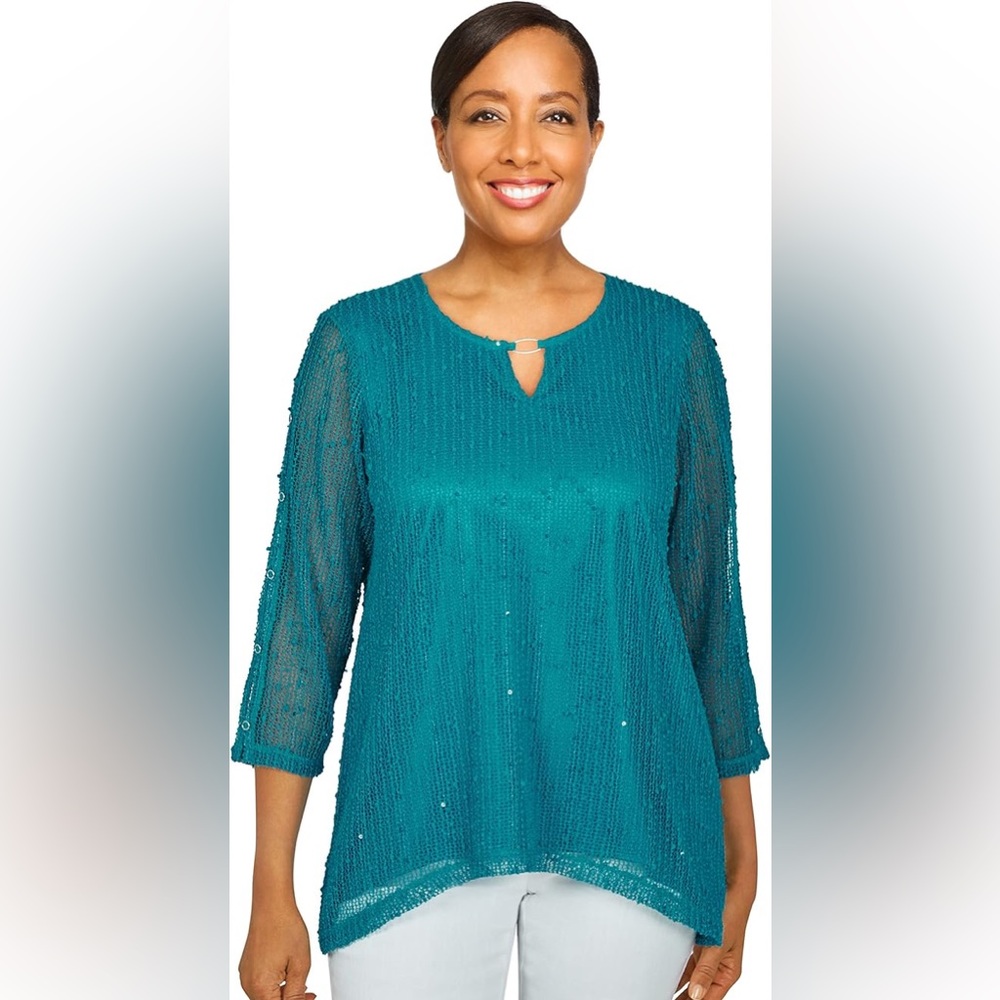 Alfred Dunner Peacock Popcorn Sheer Lined Knit Sequined Long-sleeved Top NWT M